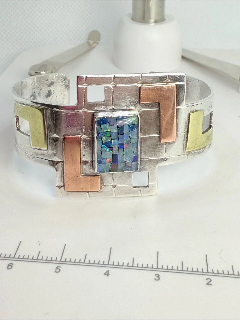 Vintage Modernist Sterling Silver Multi-Tone Inlay Cuff Bracelet